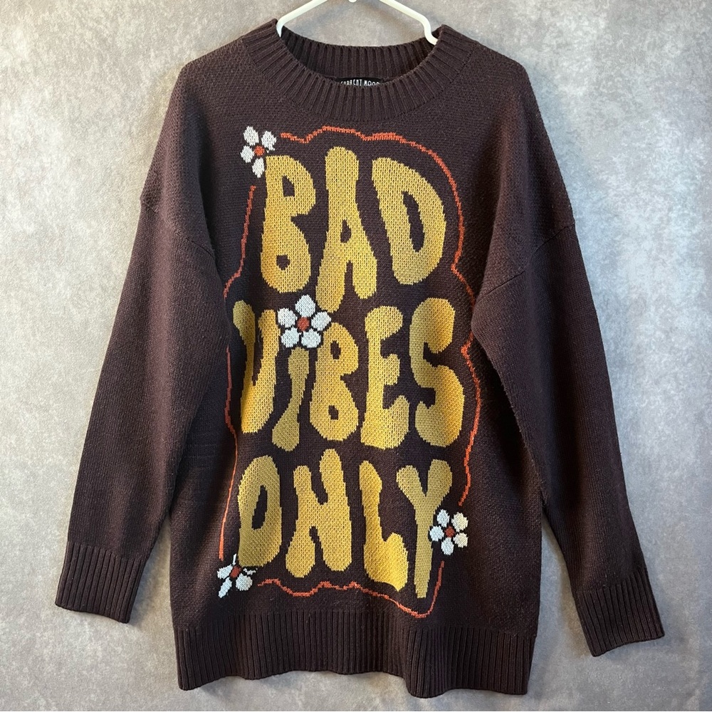 Current Mood Sweater Bad Vibes Only Oversized Cotton Knit Brown Floral Sz Small